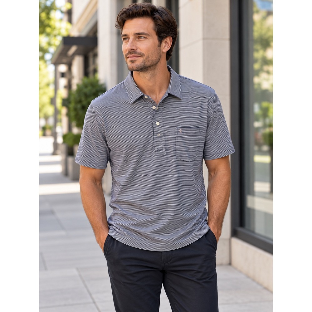 Criquet Mens Players Shirt Blue White Micro Stripe Polo Large Short Sleeve
